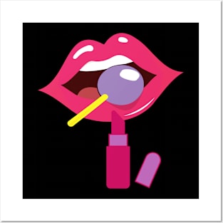 Lollipop red lips. Girly lipstick makeup candy Posters and Art